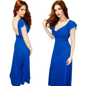 Vintage 70s John Kloss for Cira Womens Royal Blue Low Back Cowl Neck Gown Small